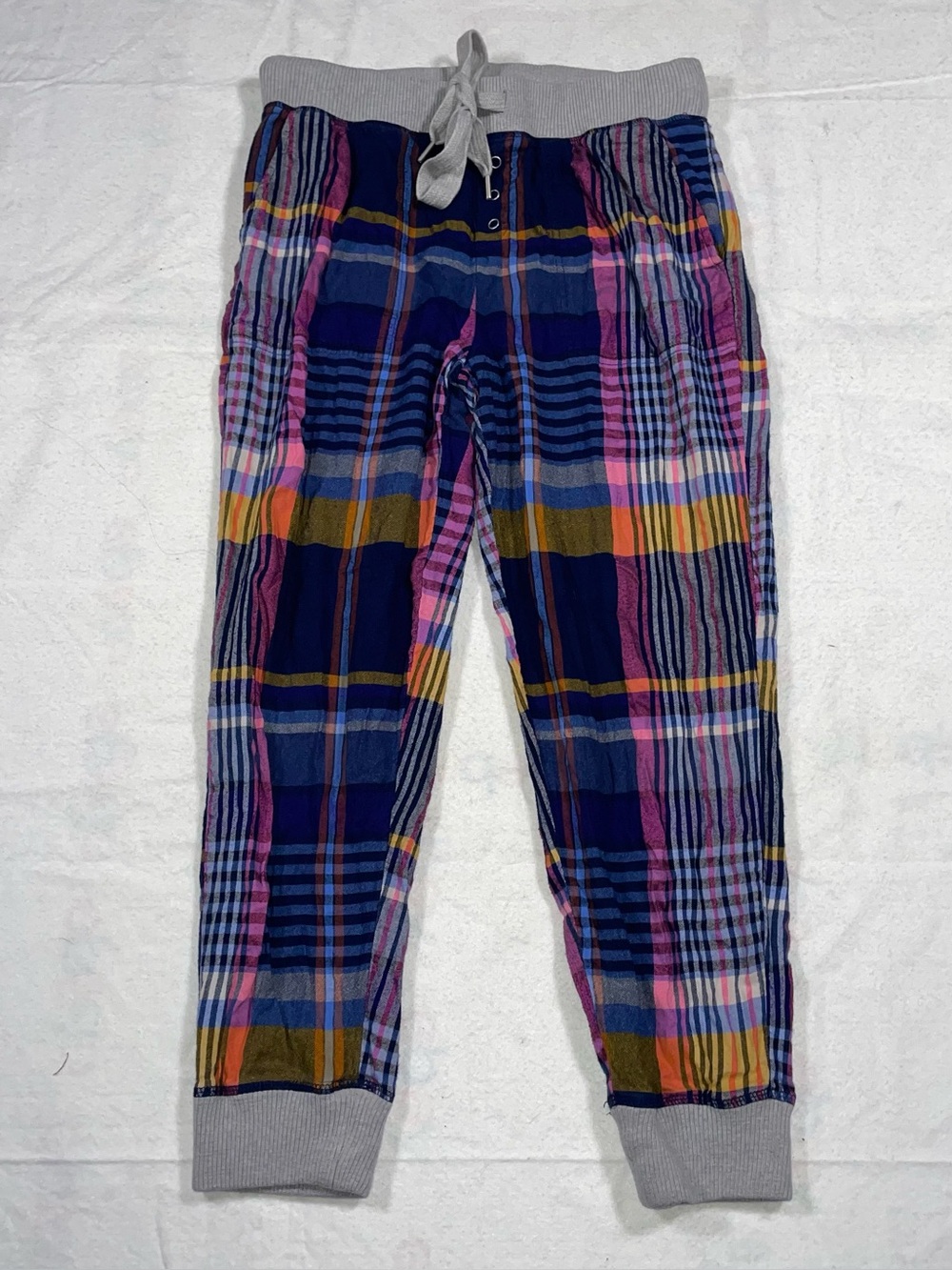 Aerie S Cotton Blend Colorful Plaid Grey Waist Drawstring Button Pajama Bottoms